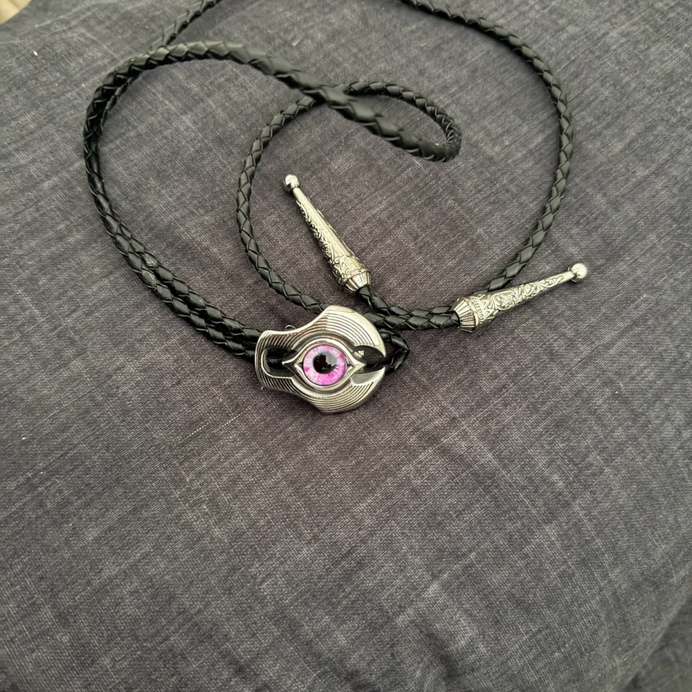 Braided Black Leather Bolo Tie with Silver Eye Accent